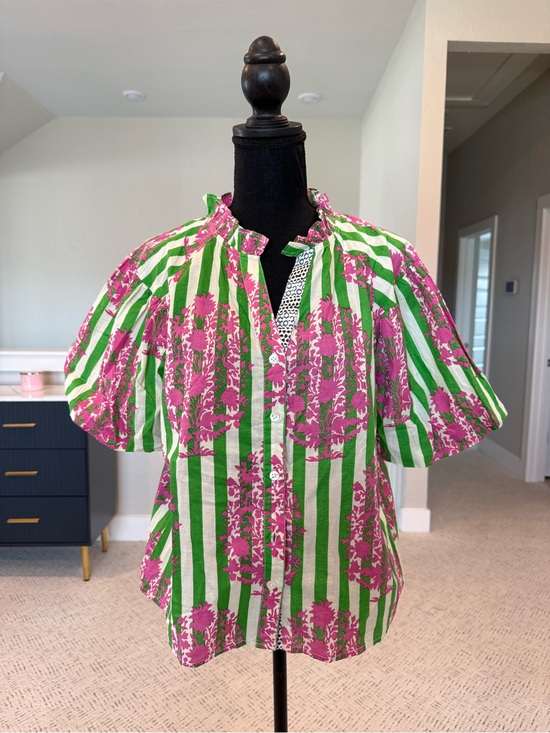 THML Tops - THML Striped Green & Pink Floral Button-Front Blouse